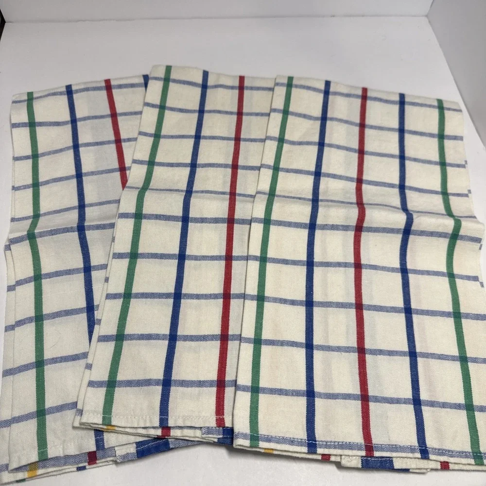 VTG Linen Tea Towels Lot 3‎ Linen Checked Primary Colors Kitchen